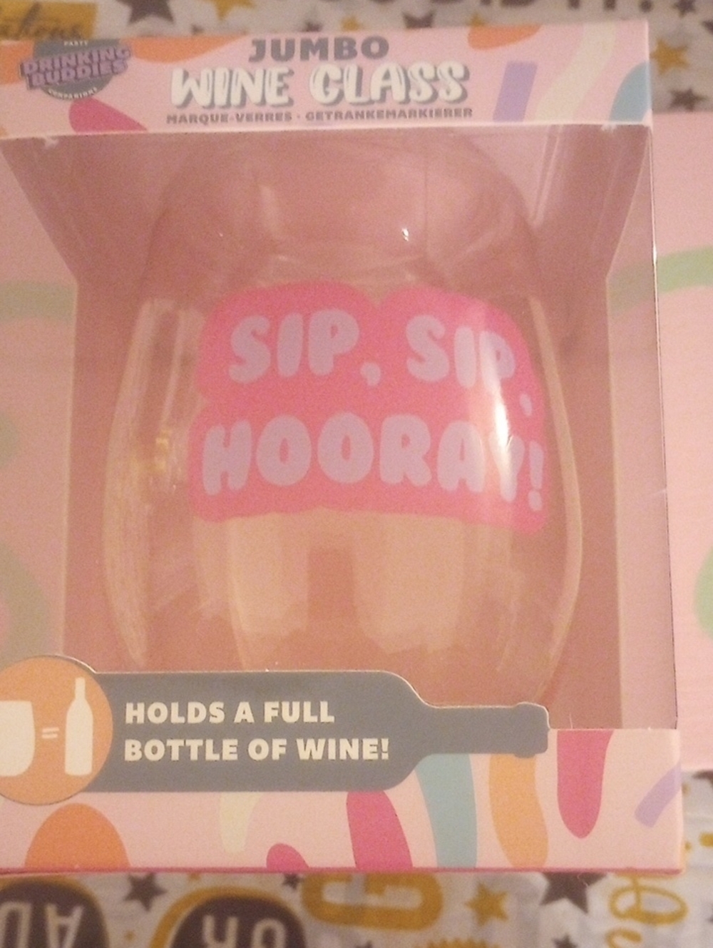 Party Bubblz Jumbo Wine Glass - Pink "Sip, Sip, Hooray!"